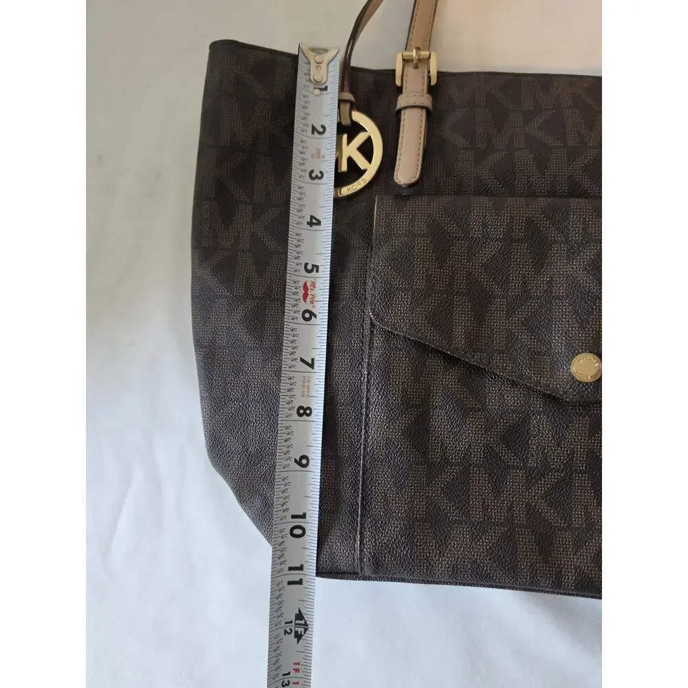 Michael Kors Jet Set Travel Signature Brown PVC Tote Shoulder Bag Front Pocket
